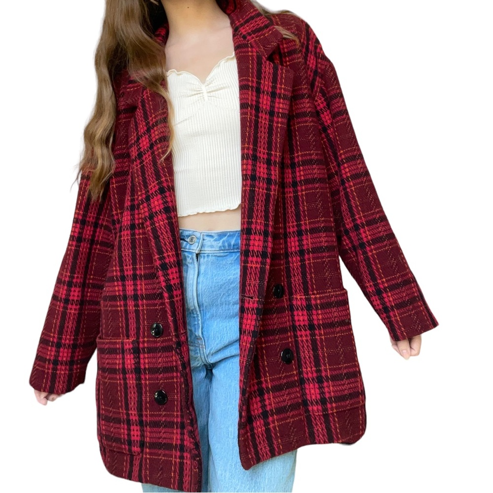 Vintage Red Black Plaid Preppy Y2K 90s Clueless Penny Lane Pea Coat Jacket
